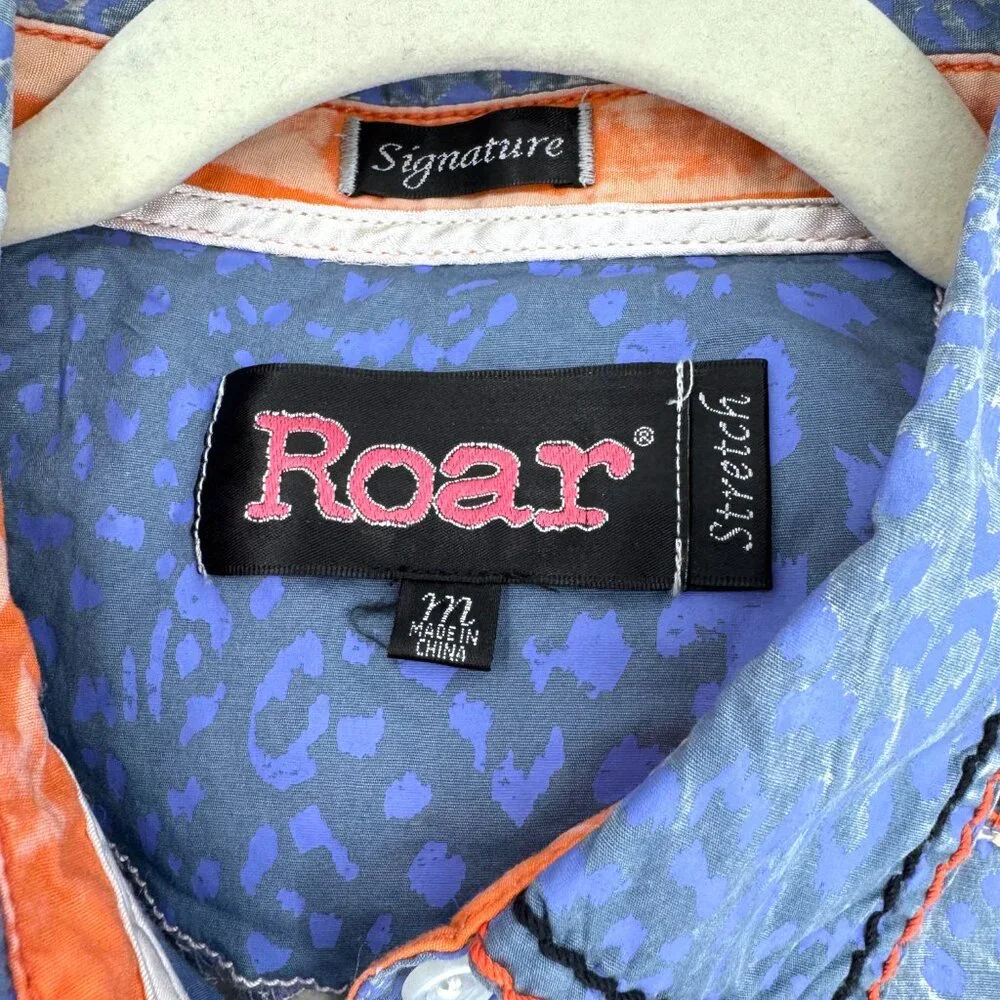 Roar Embellished Western Button-Down Shirt Blue Leopard Print M